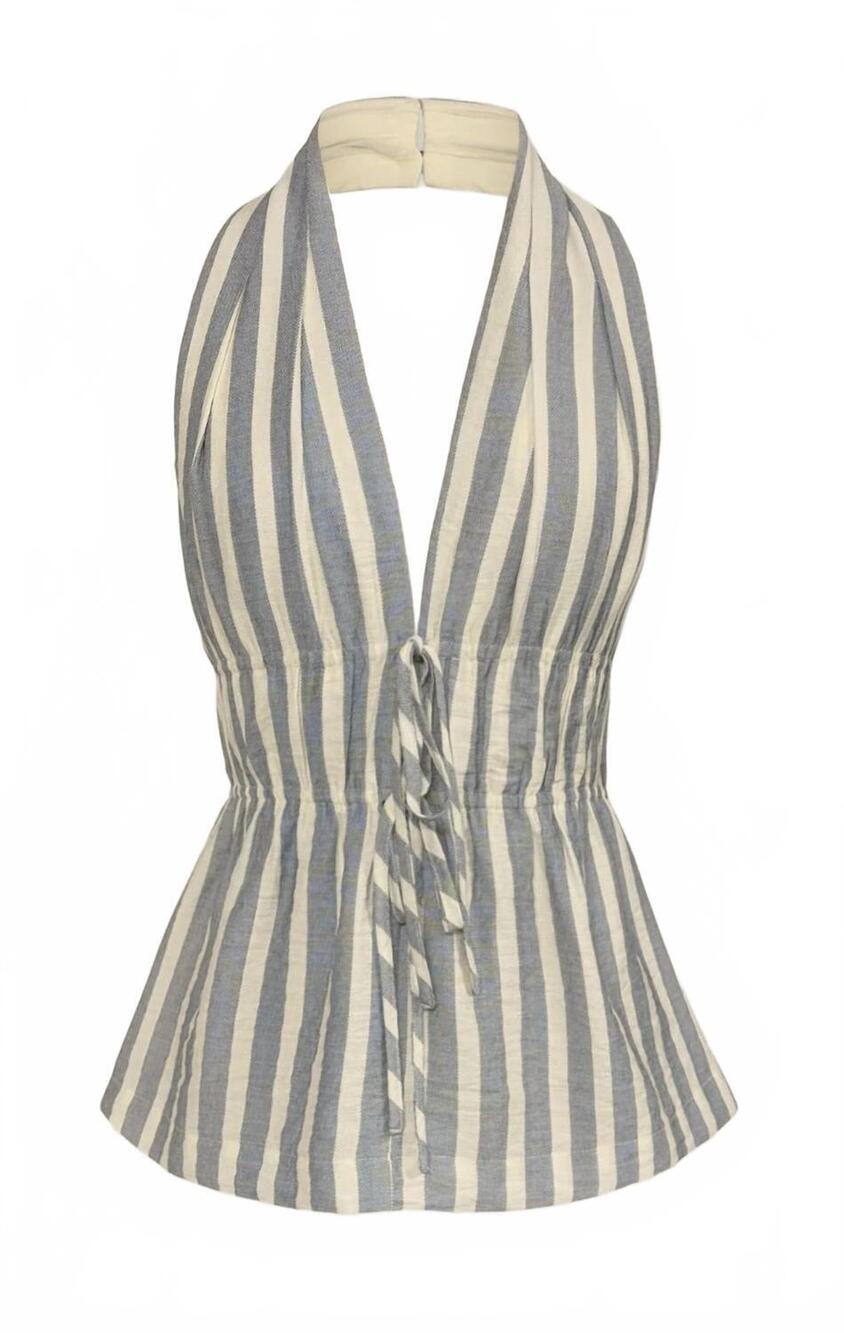 NEW DRESS FORUM women's saltwater stripe halter neck shirred top in denim